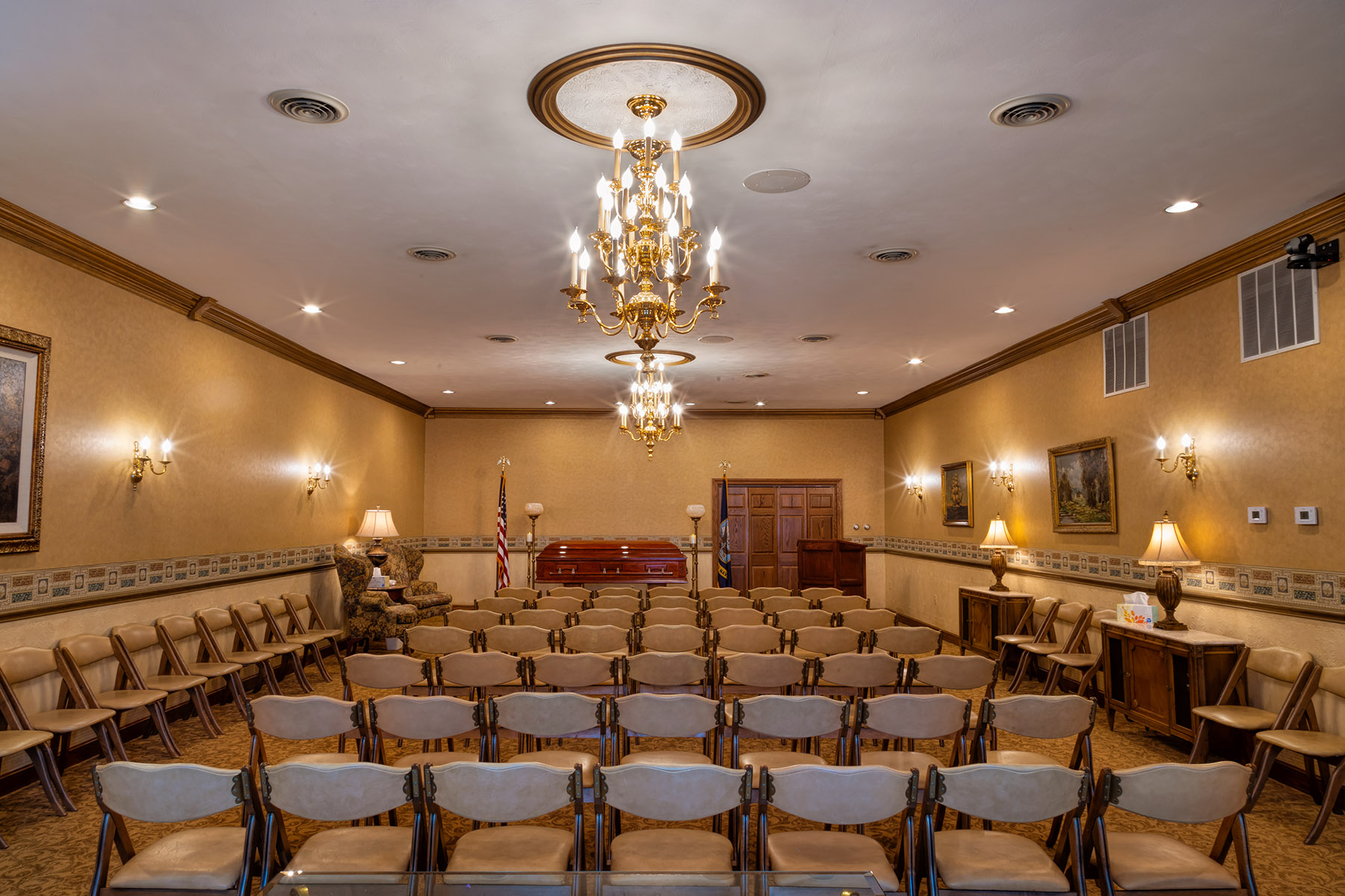 The spacious chapel can accommodate small, medium, and large services. We also have the flexibility to arrange seating any way you prefer.